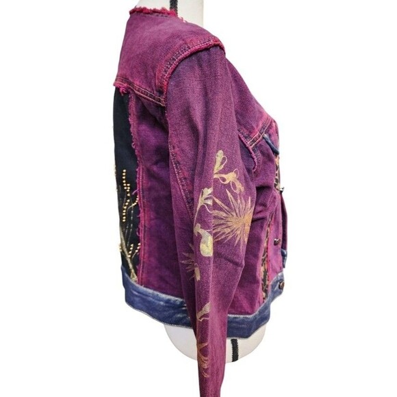 EXPRESS Denim Jacket Embellished Size Large Brocade Panels Beaded Boho - Picture 4 of 9